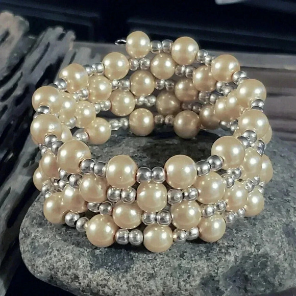 Fashion Jewelry Jewelry - Handcrafted Champagne Beige Glass Pearl Silver Beads Wrap Bracelet